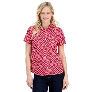 Nautica Jeans Women’s Cotton Circle-Link Print Camp Shirt, Red, L